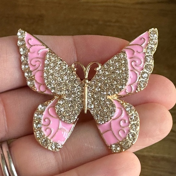 Jewelry - Vintage Style Pink Enamel & Rhinestone Butterfly Brooch | Gold Tone Pin | NEW